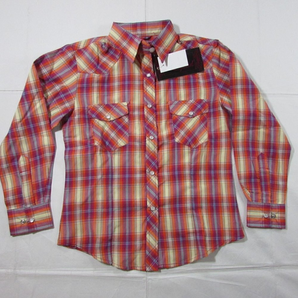 Cowgirl Legend Girl's Long Sleeve Plaid Snap Shirt - Orange/Purple
